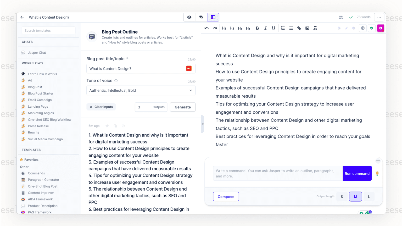 Jasper AI content generation interface for creating marketing text using Shopify AI tools