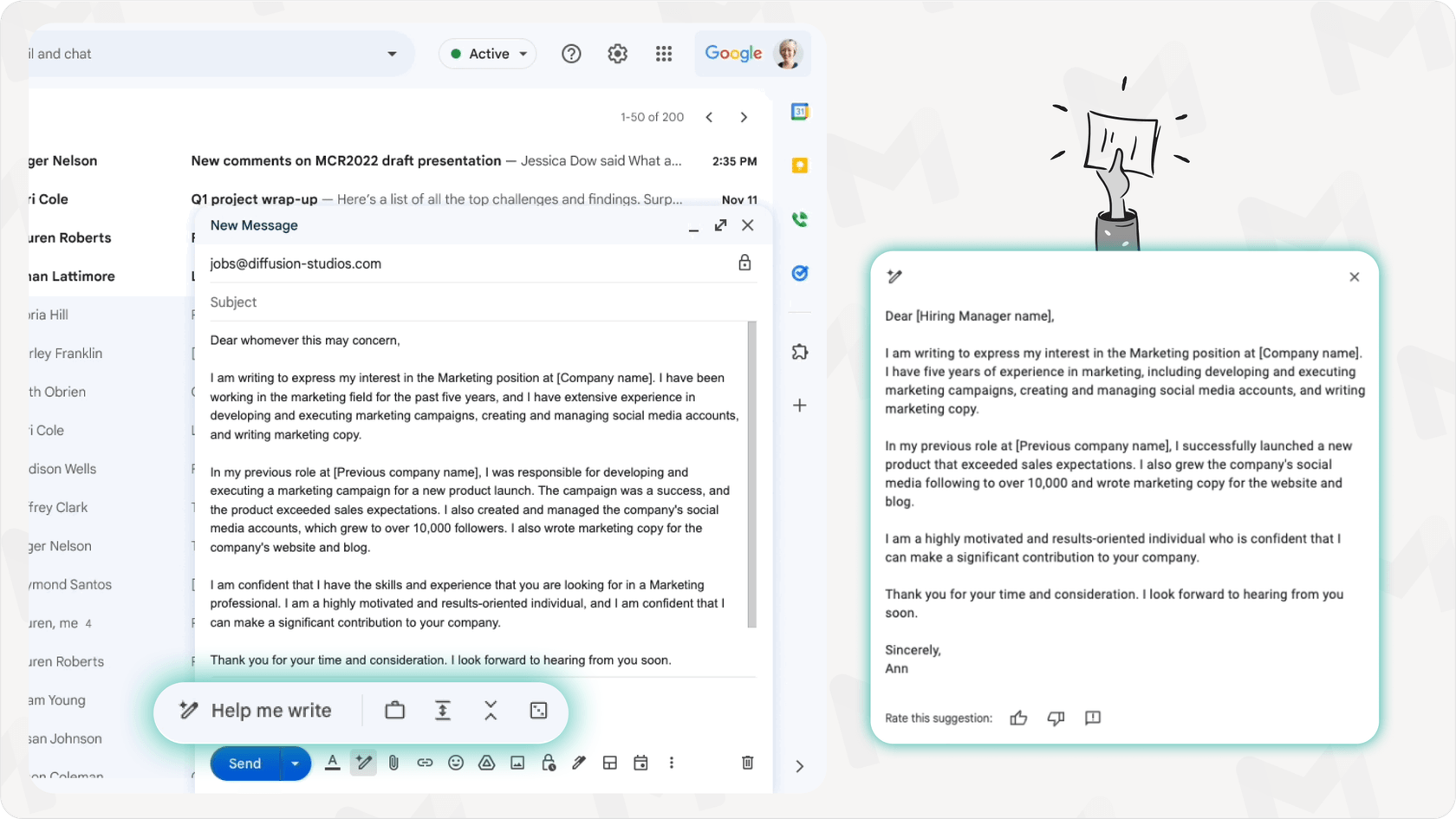 Gmail’s Gemini AI drafting an email from a short prompt.