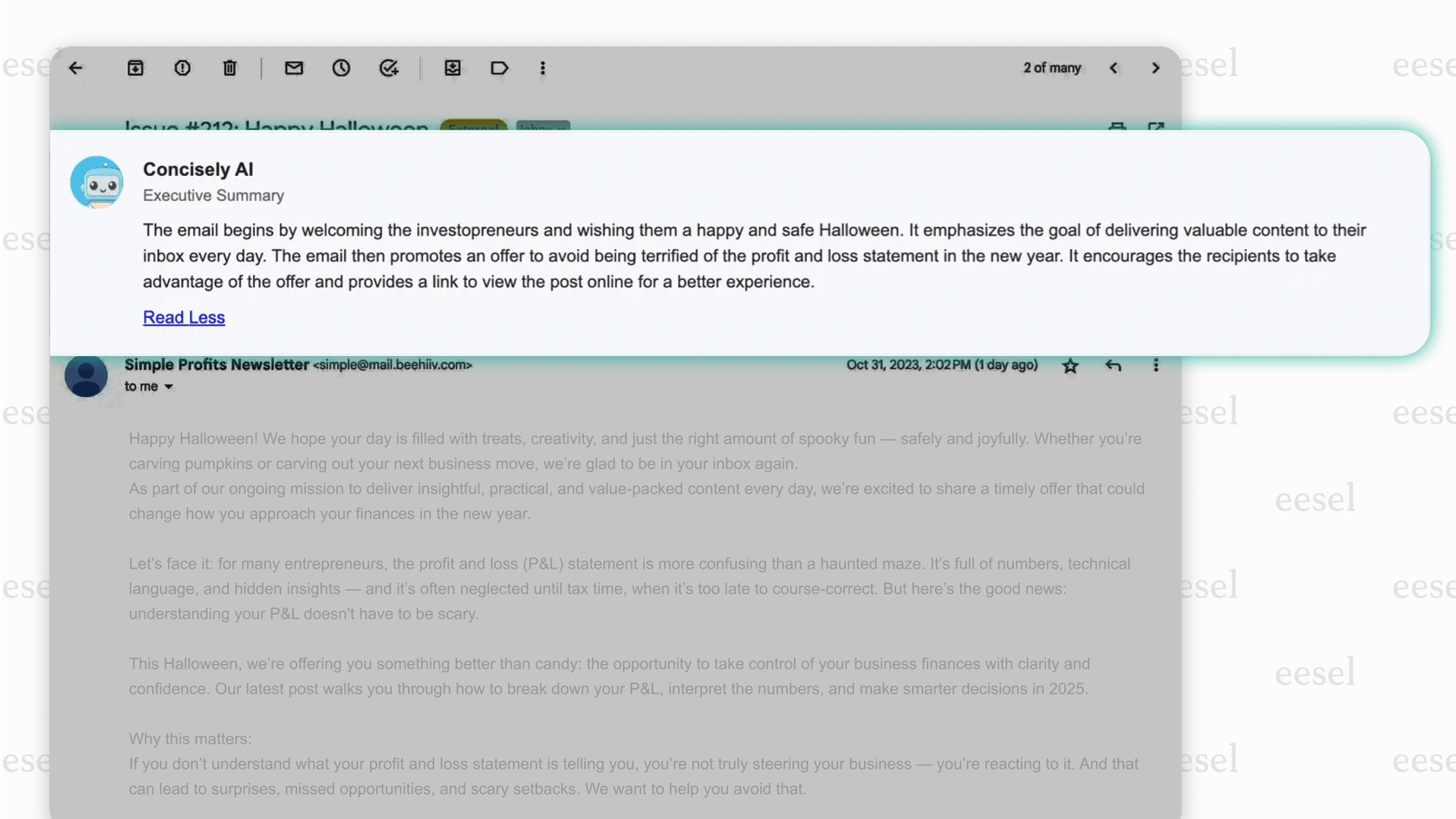 Screenshot of a Gmail AI plugin summarizing a long email thread.