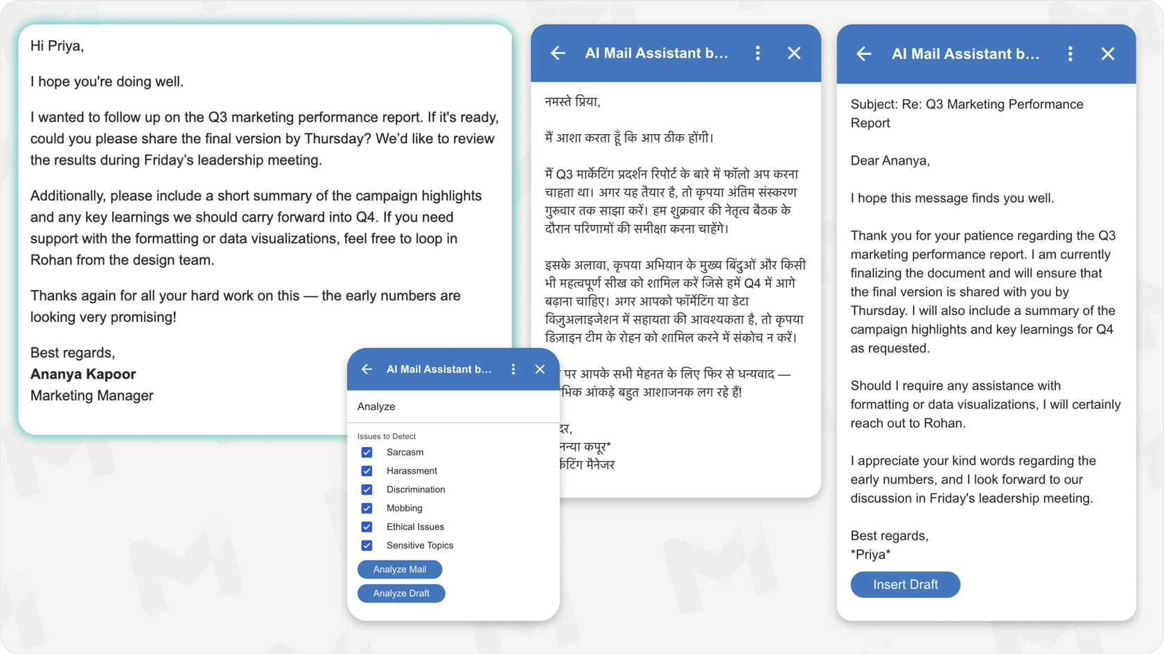 Klart AI Mail Assistant analyzing tone and offering translation in Gmail.