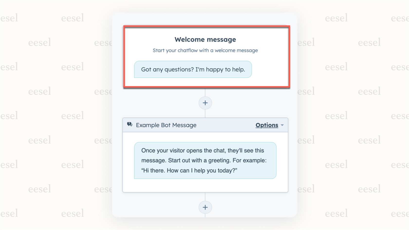 Setting up initial actions in the HubSpot AI chatbot builder.