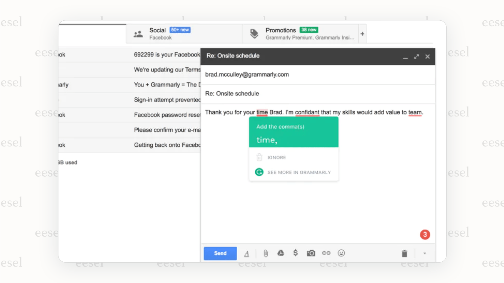 Screenshot of a Gmail AI plugin suggesting writing improvements.