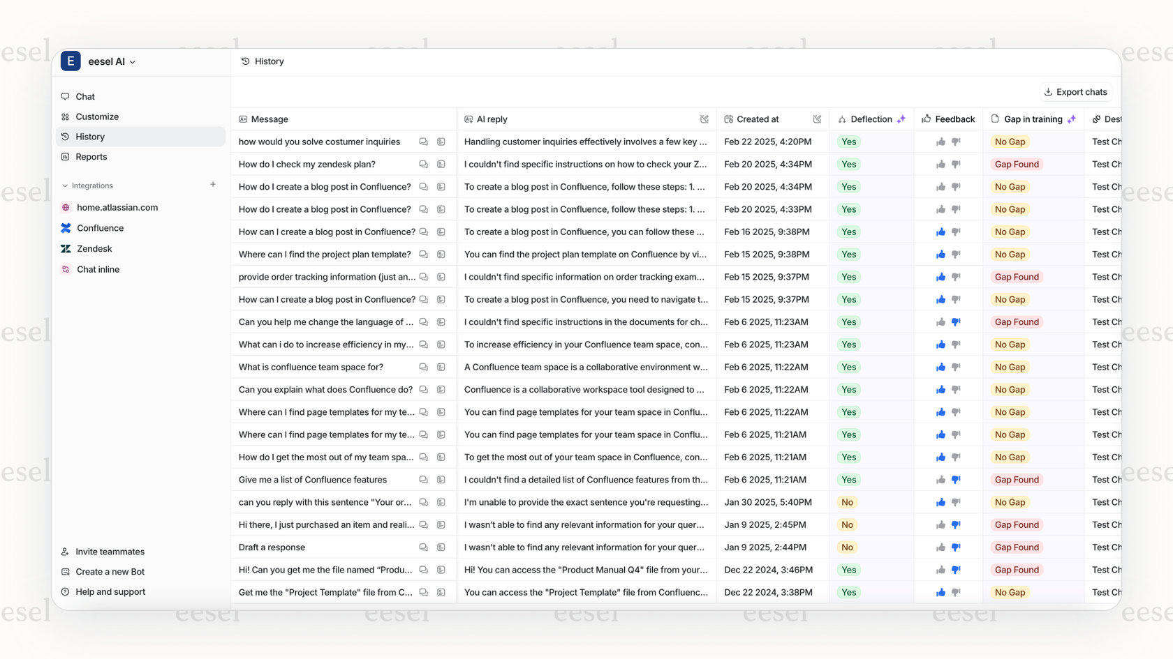 Reviewing customer conversations with eesel AI's history feature.