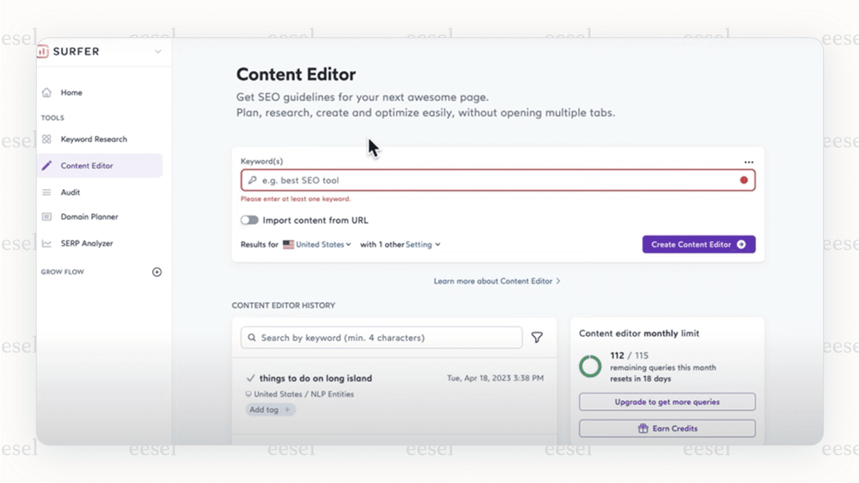 Surfer AI content editor showing SEO optimization suggestions for Shopify AI tools content