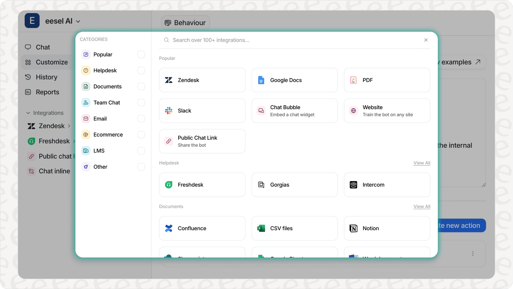 eesel AI interface for selecting training sources.