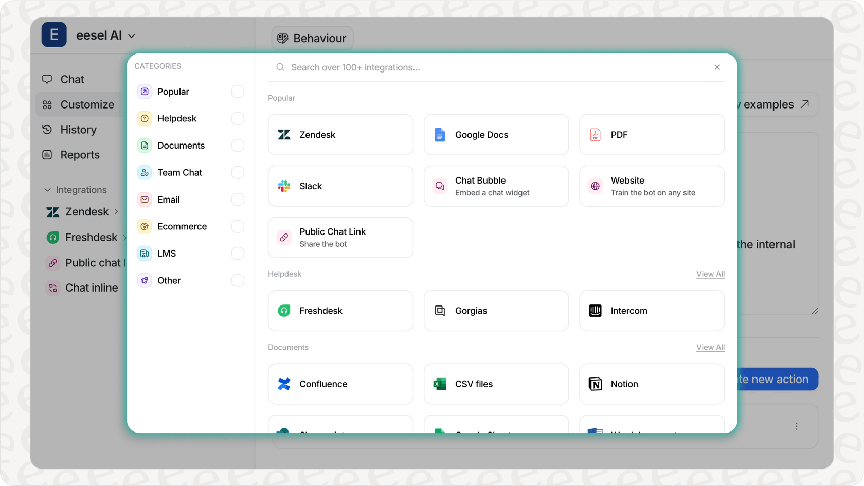 eesel AI's various knowledge source integrations available for training bots.