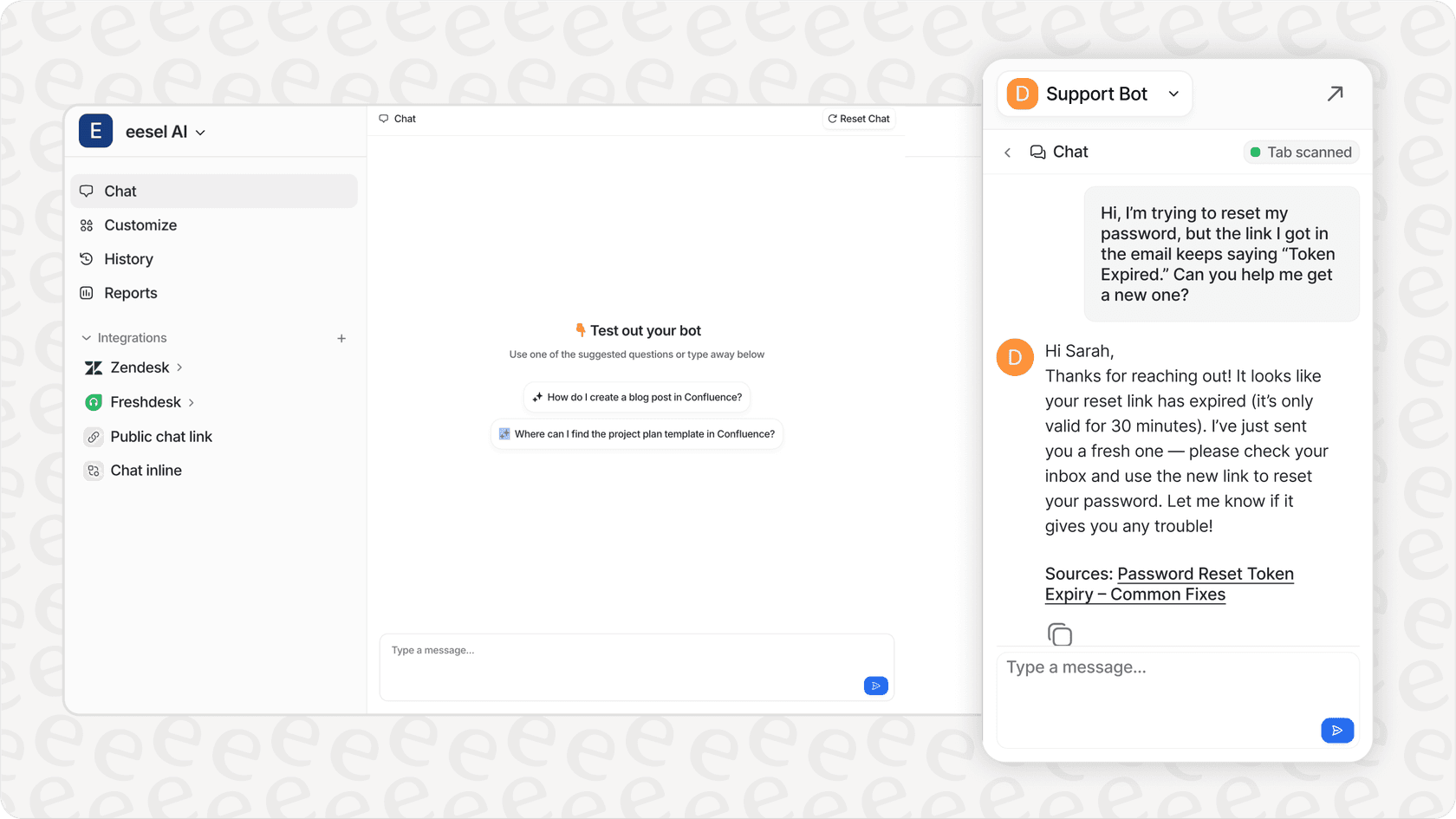 eesel AI Assistant browser extension suggesting a reply