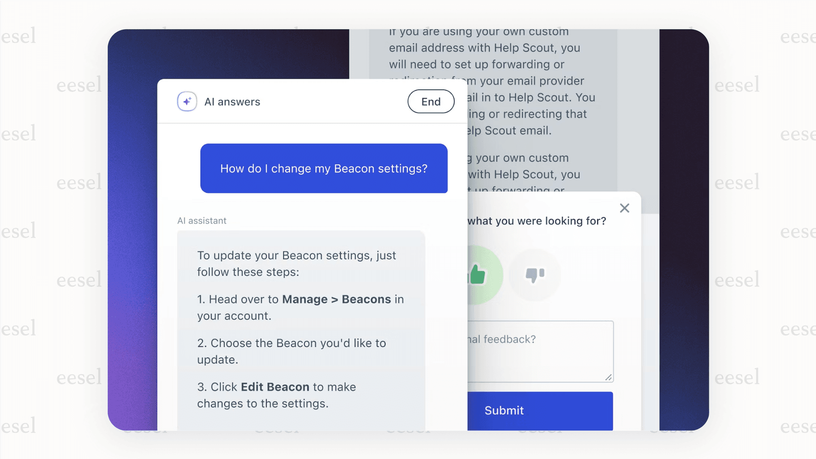 A screenshot showing the Help Scout AI chatbot, called AI Answers, providing an instant response to a customer query within the Beacon help widget.