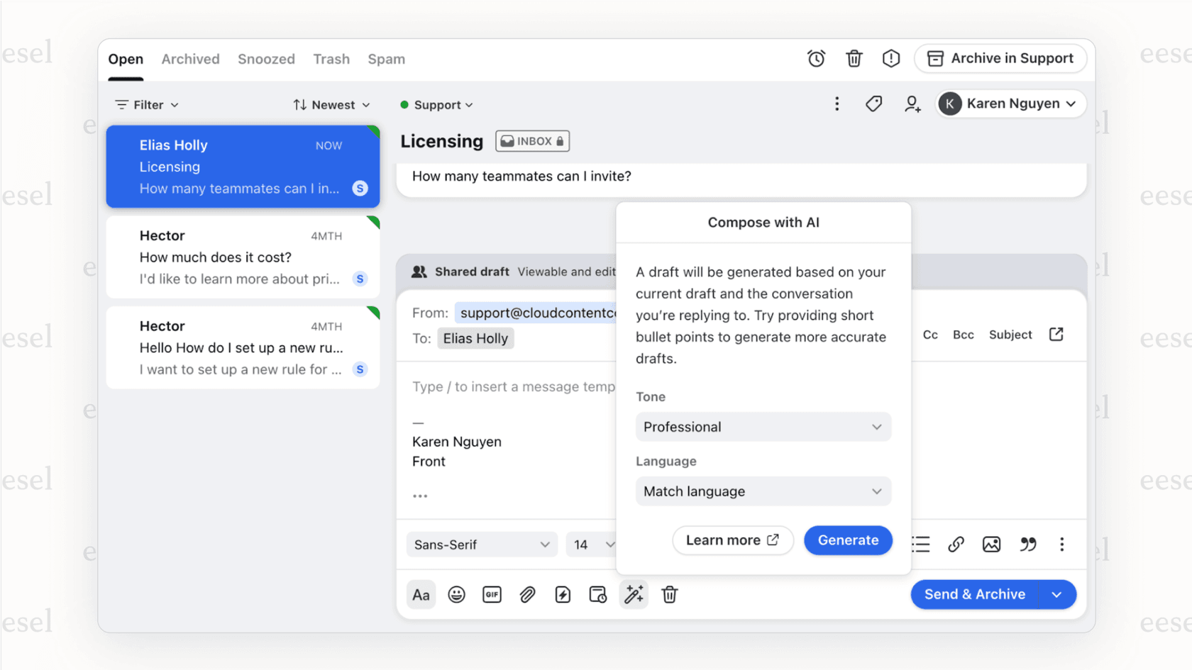 A support agent using the core Front AI features.