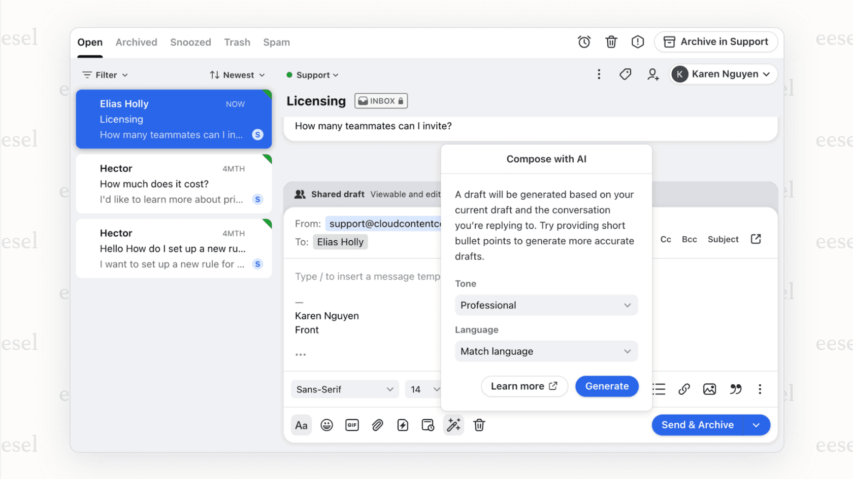 Screenshot of the Front app showing the core Front AI features, AI Compose and AI Summarize, being used in a customer conversation.