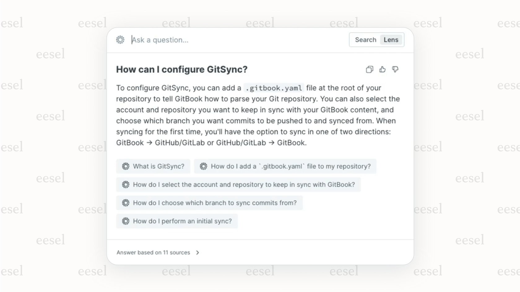 A user asks a question and gets an answer from the GitBook AI search feature.