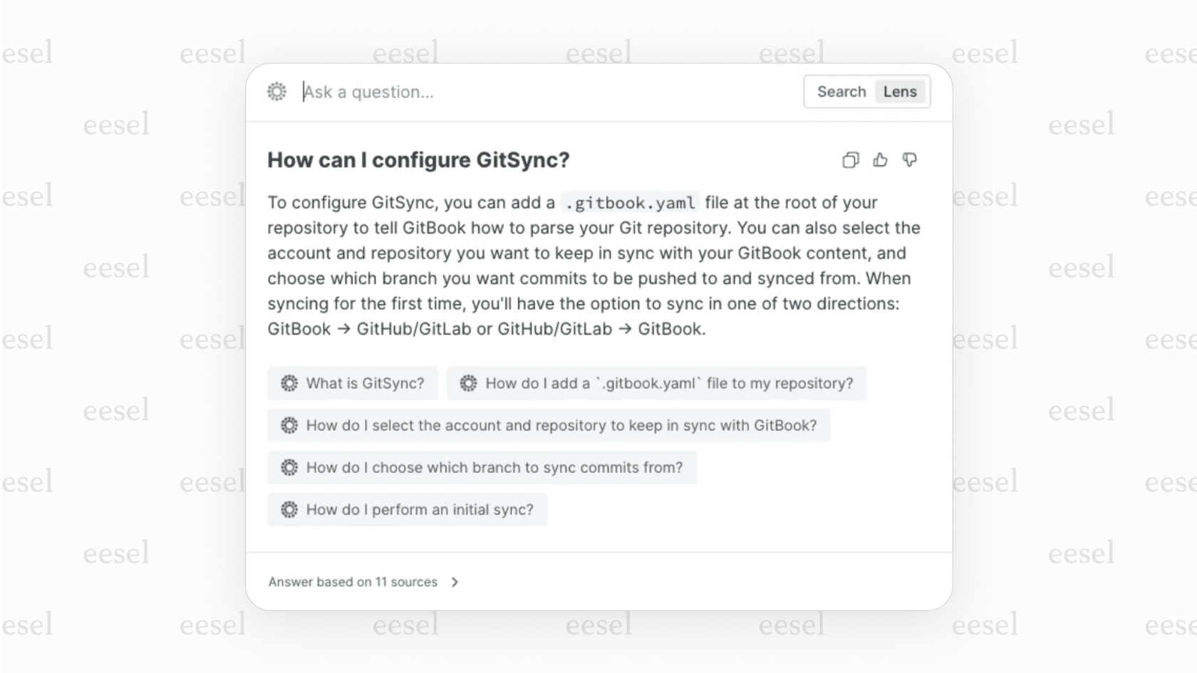Um usuário faz uma pergunta e recebe uma resposta do recurso de busca AI do GitBook.