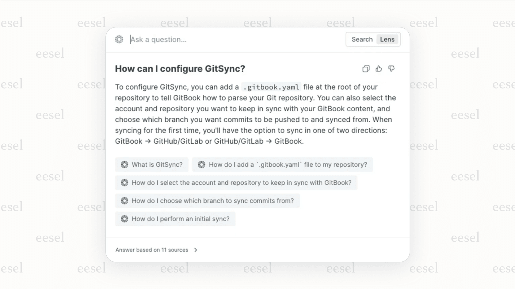 A screenshot of the GitBook AI search interface showing the question "How do I set up two-factor authentication?" and the AI-generated answer, with citations to the source documents.