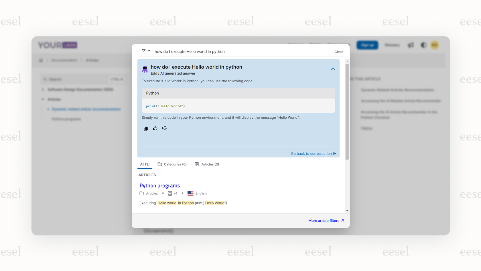A user getting a direct answer from the Ask Eddy feature in Document360 AI.
