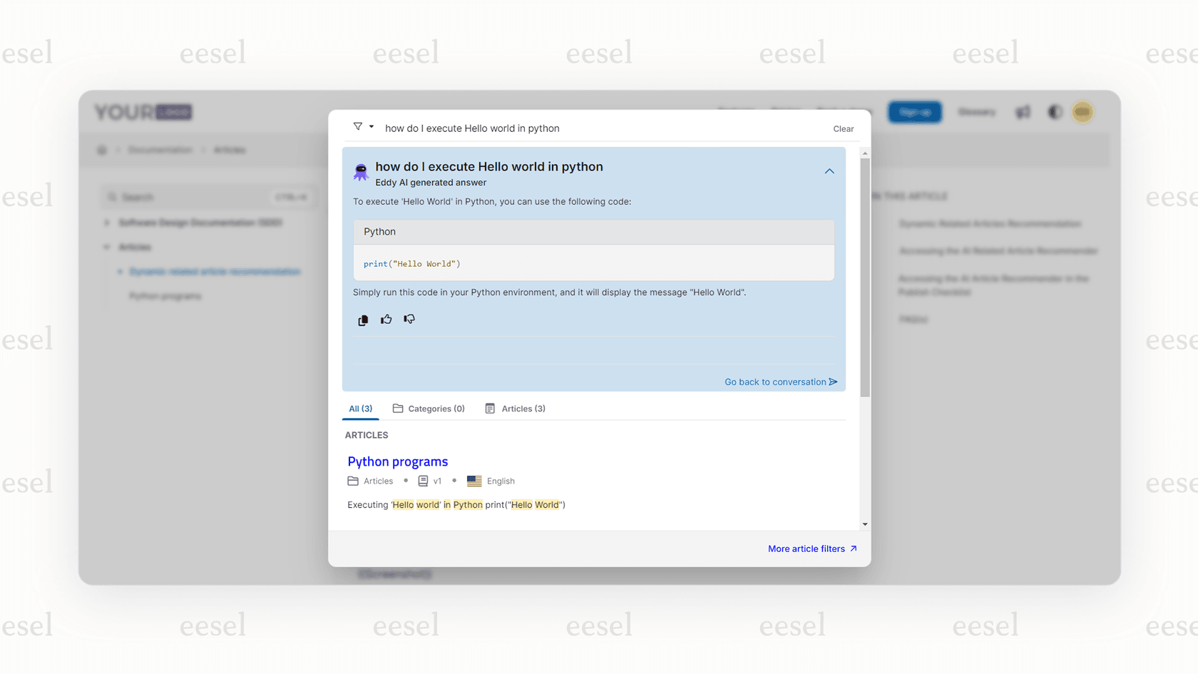 Screenshot of the Document360 AI "Ask Eddy" interface providing a direct answer to a user's question from within the knowledge base.