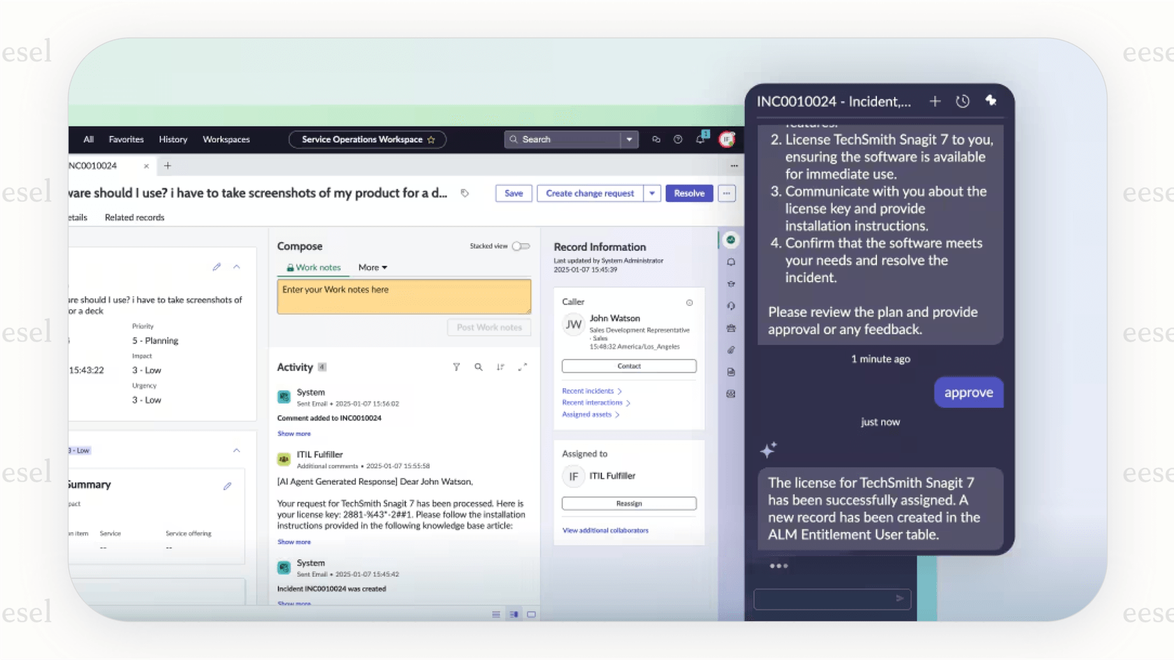 An example of the ServiceNow AI chatbot providing a self-service solution for a password reset request within the ServiceNow platform.