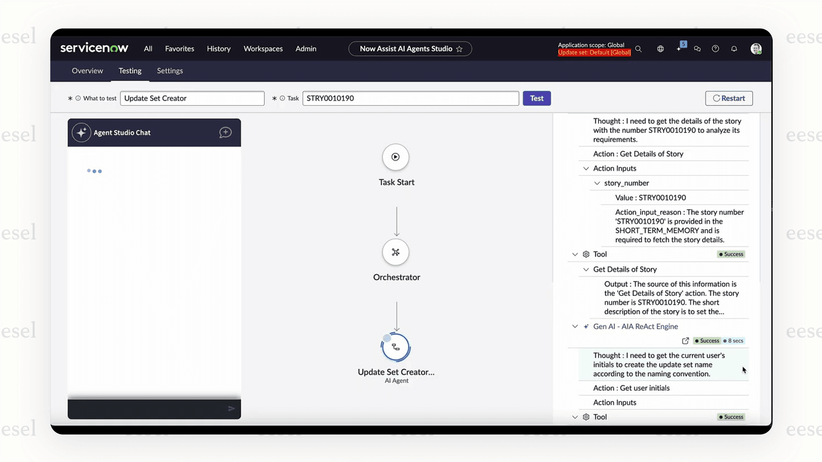 A screenshot showing the no-code builder for a custom service now ai agent, where a user defines its purpose and workflows.