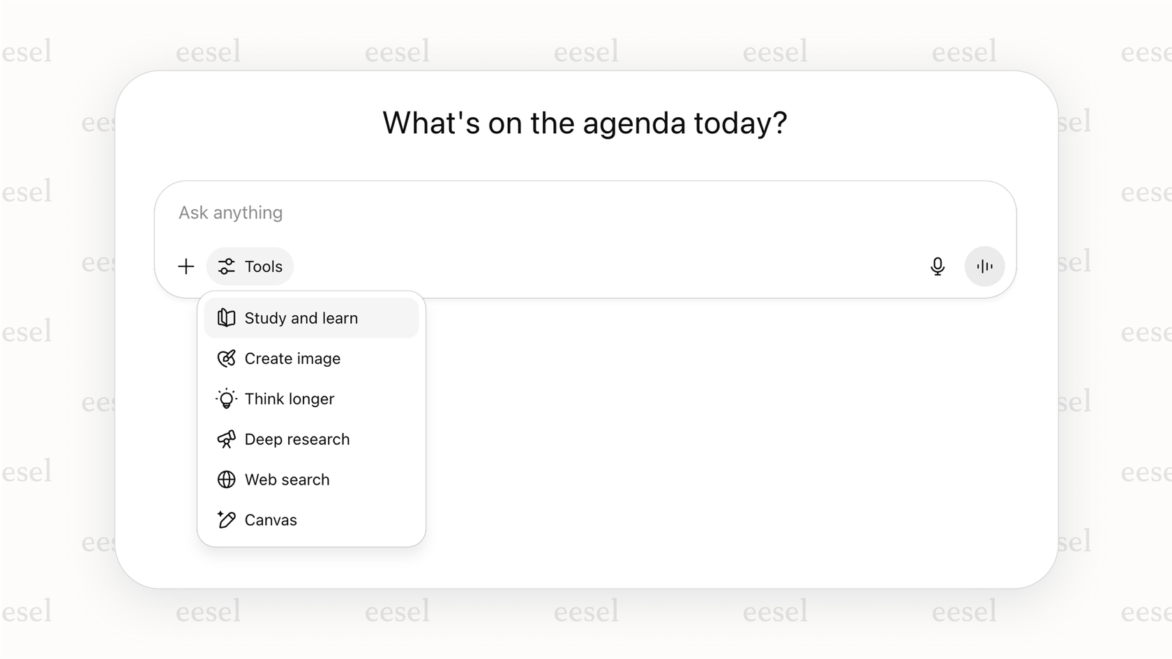 ChatGPTのユーザーインターフェースのスクリーンショットで、ツールメニューが開いており、ChatGPTスタディモードをオンにするための「学びと学習」オプションが強調されています。