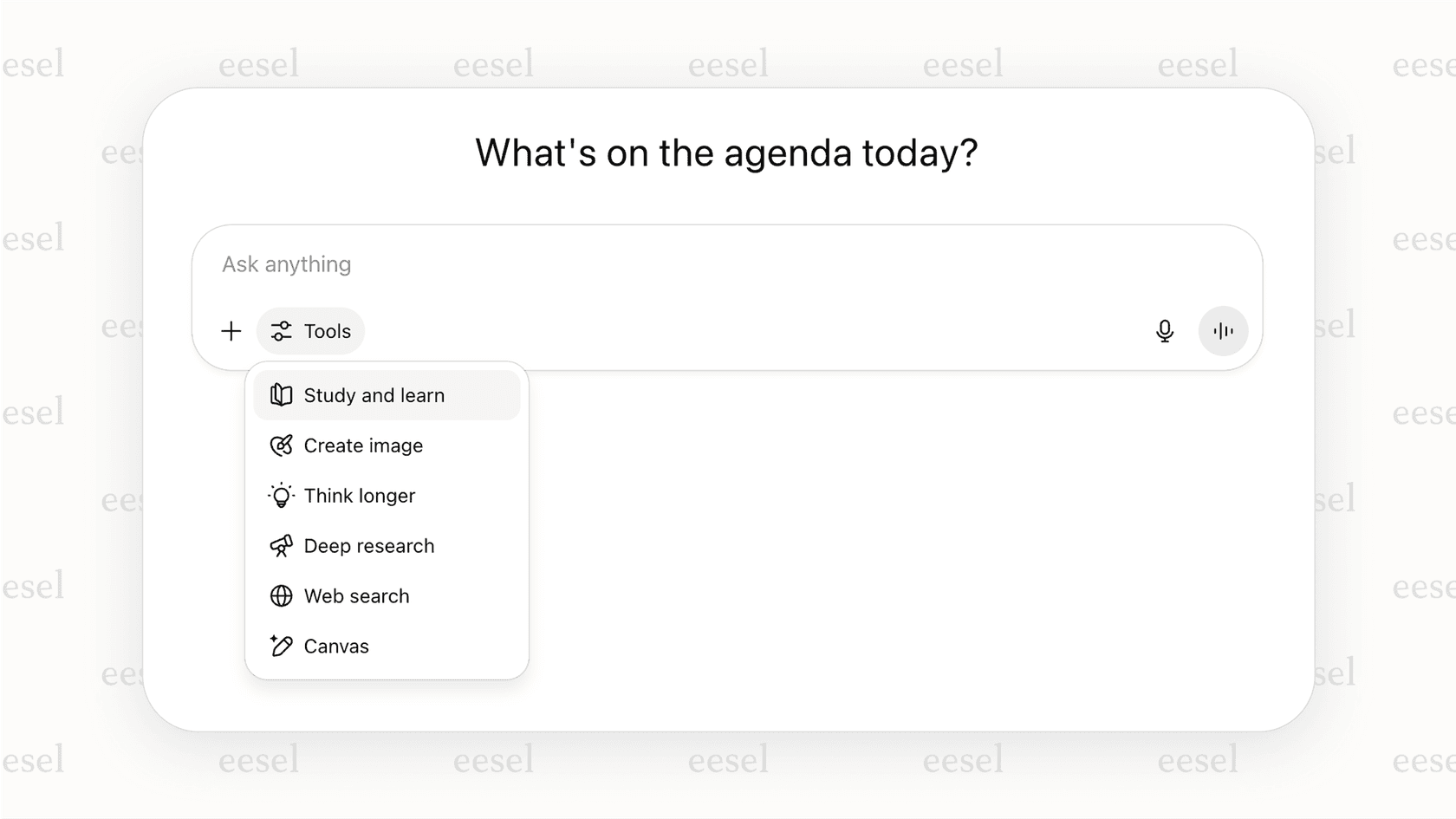 A screenshot of the ChatGPT user interface with the tools menu open, highlighting the "Study and learn" option to turn on ChatGPT study mode.
