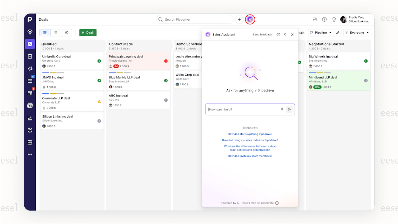 The Pipedrive AI Sales Assistant interface displaying performance-based recommendations and actionable notifications to help a sales rep manage their pipeline.
