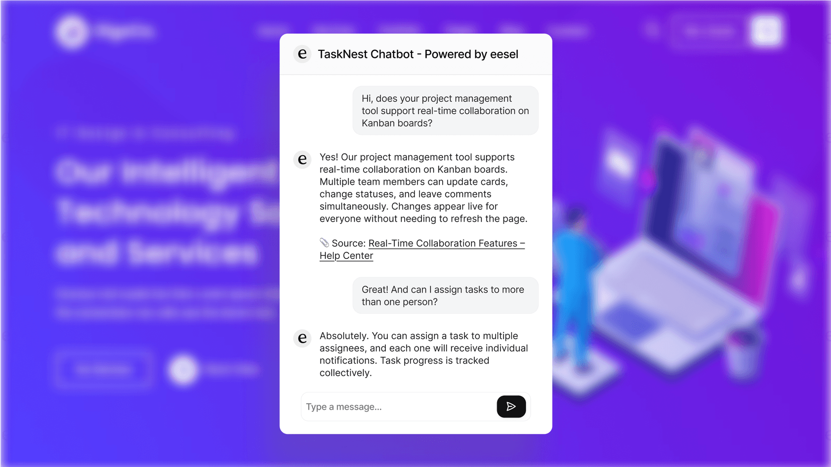 The eesel WordPress AI chatbot answering a user question on a website, demonstrating its ability to pull information from a business