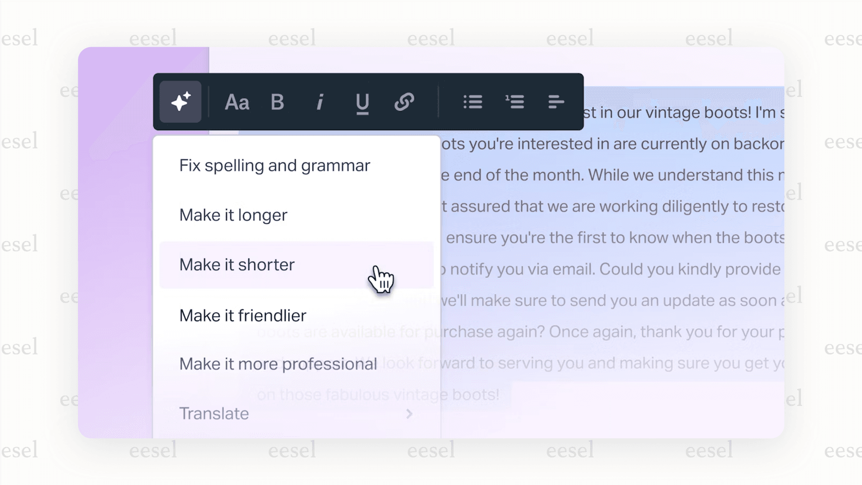 Screenshot of an agent using the Help Scout AI Assist tools within the shared inbox to improve a customer reply.