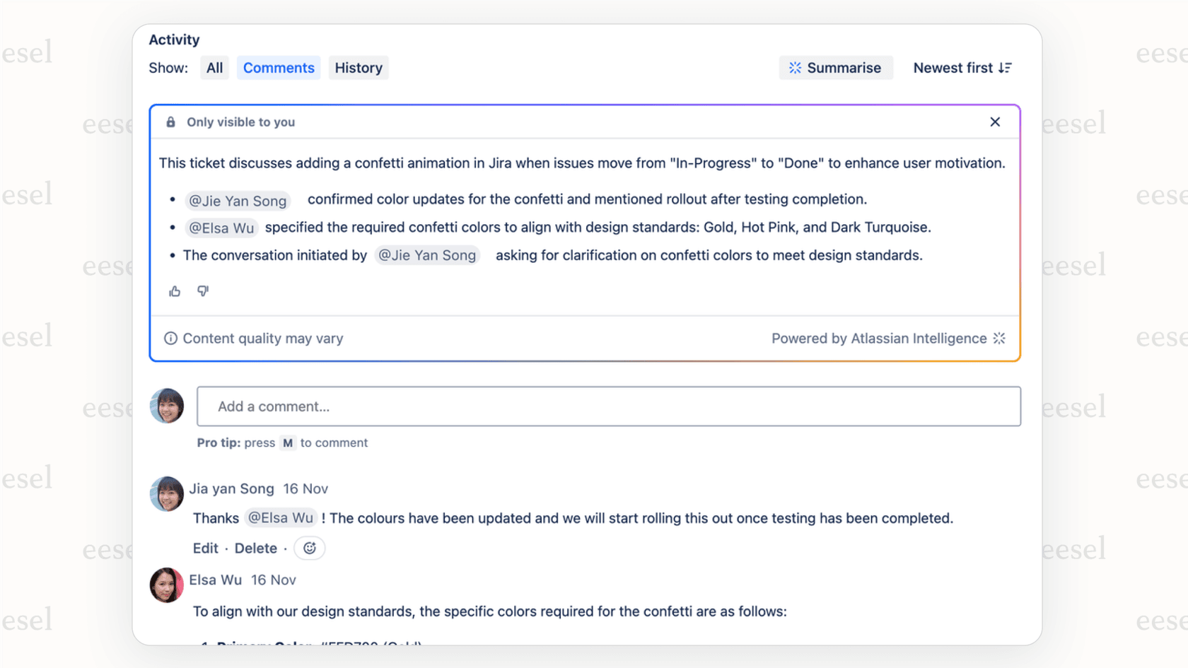 A screenshot of the Atlassian AI agent generating a summary for a complex Jira ticket, saving agent time.