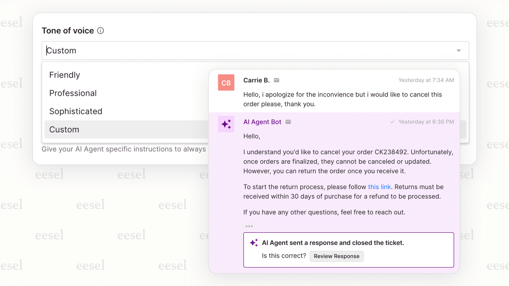 The Gorgias settings interface for the Gorgias AI chatbot, showing the tone of voice options, including Friendly, Professional, and a Custom field for specific instructions.