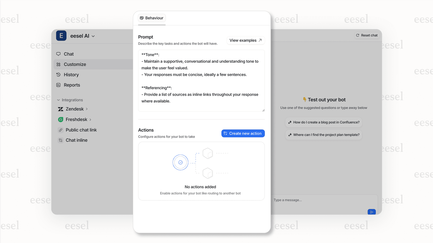 No-code customization options for an AI chat bubble in eesel AI.