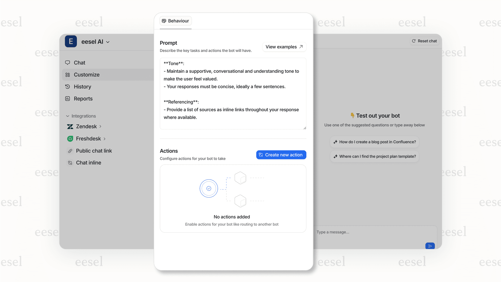 Screenshot of the eesel AI interface, showing how a user can easily customize the appearance of their AI chat bubble without writing any code.