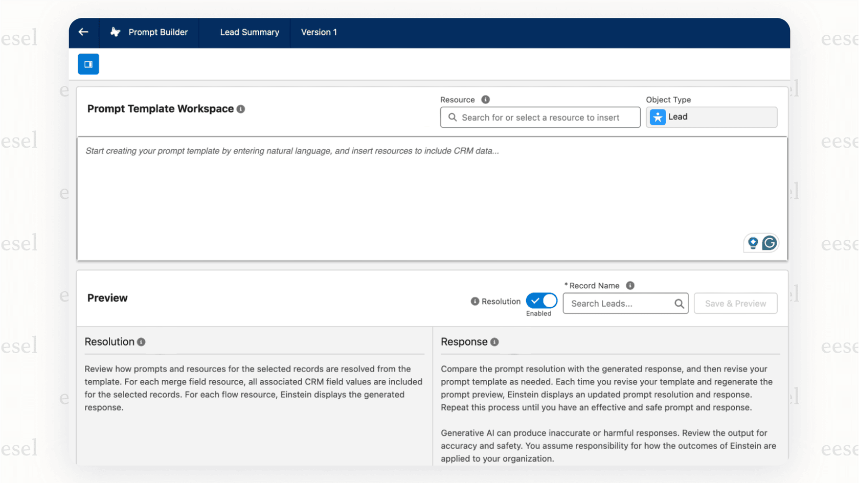 The Salesforce Prompt Builder interface, showing how developers can customize what is Salesforce Einstein AI Copilot.
