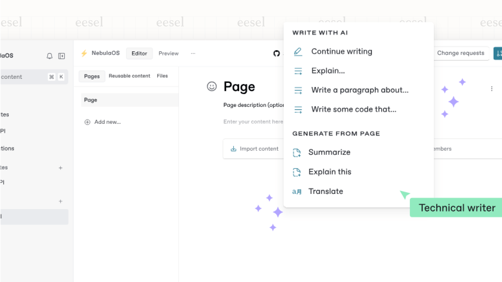 The menu of options for the GitBook AI writing assistant.
