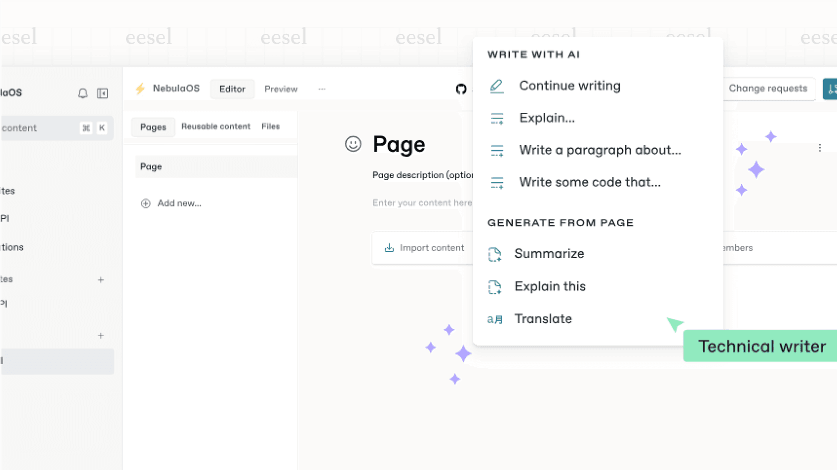 O menu de opções para o assistente de escrita AI do GitBook.
