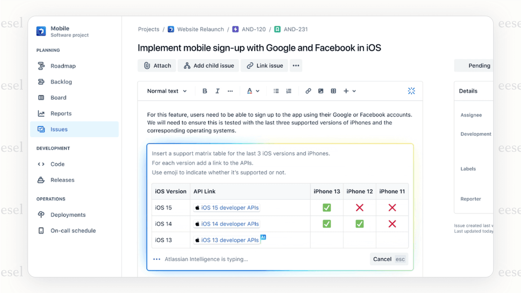 Fonctionnalités d'écriture AI natives de Confluence.