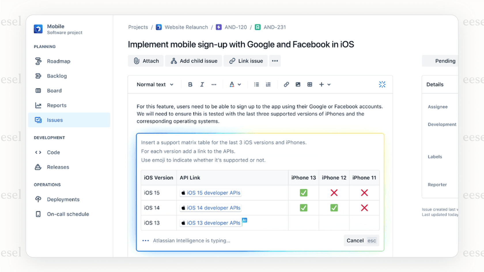 A screenshot of the Confluence editor showing the Atlassian Intelligence menu, which is not a full confluence ai chatbot.