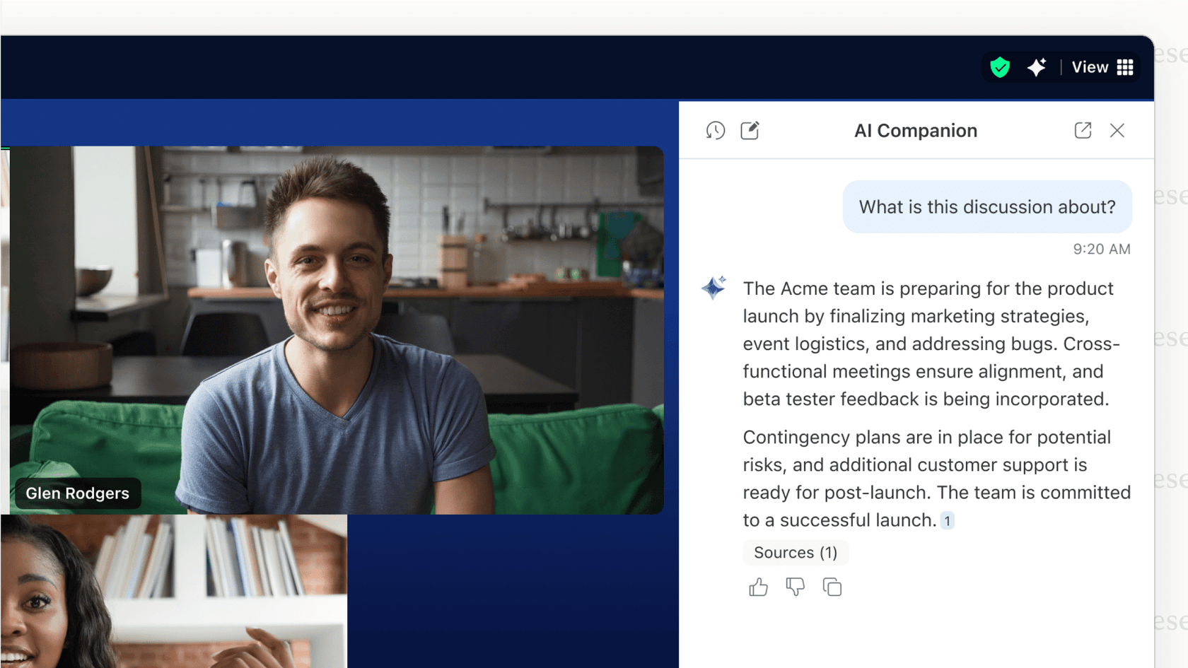 A screenshot of the Zoom AI in-meeting side panel providing a summary to a user who joined late.