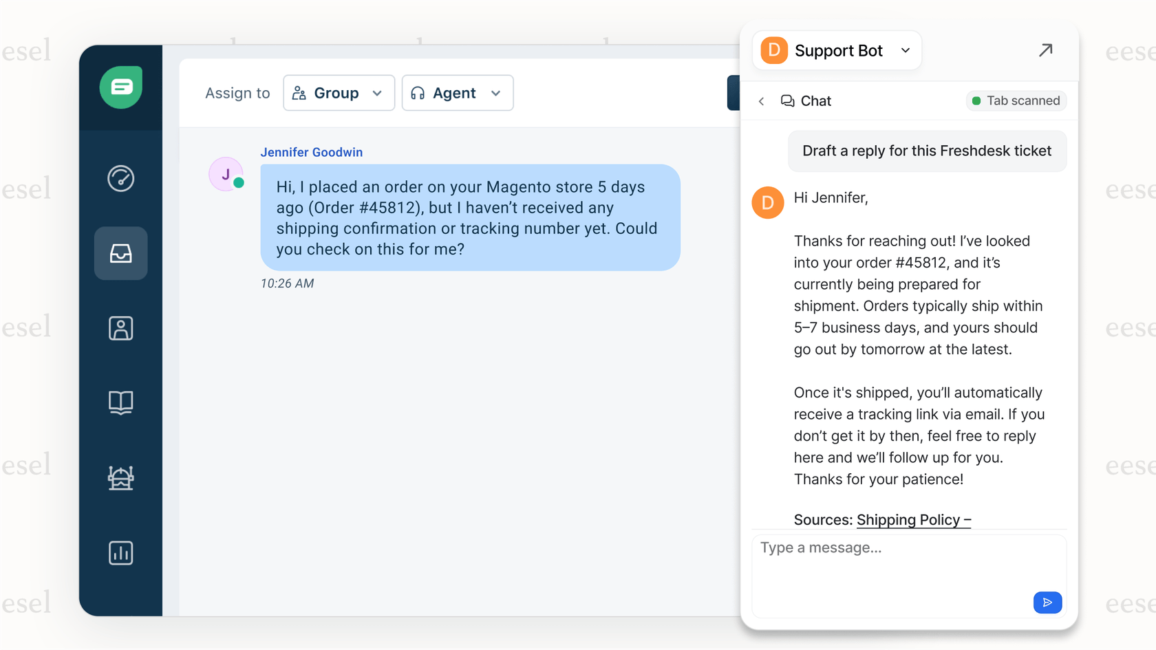 Screenshot of the eesel AI Copilot inside a helpdesk interface, providing a suggested answer for a support agent handling a ticket about a Magento store order, demonstrating a powerful Magento AI tool.
