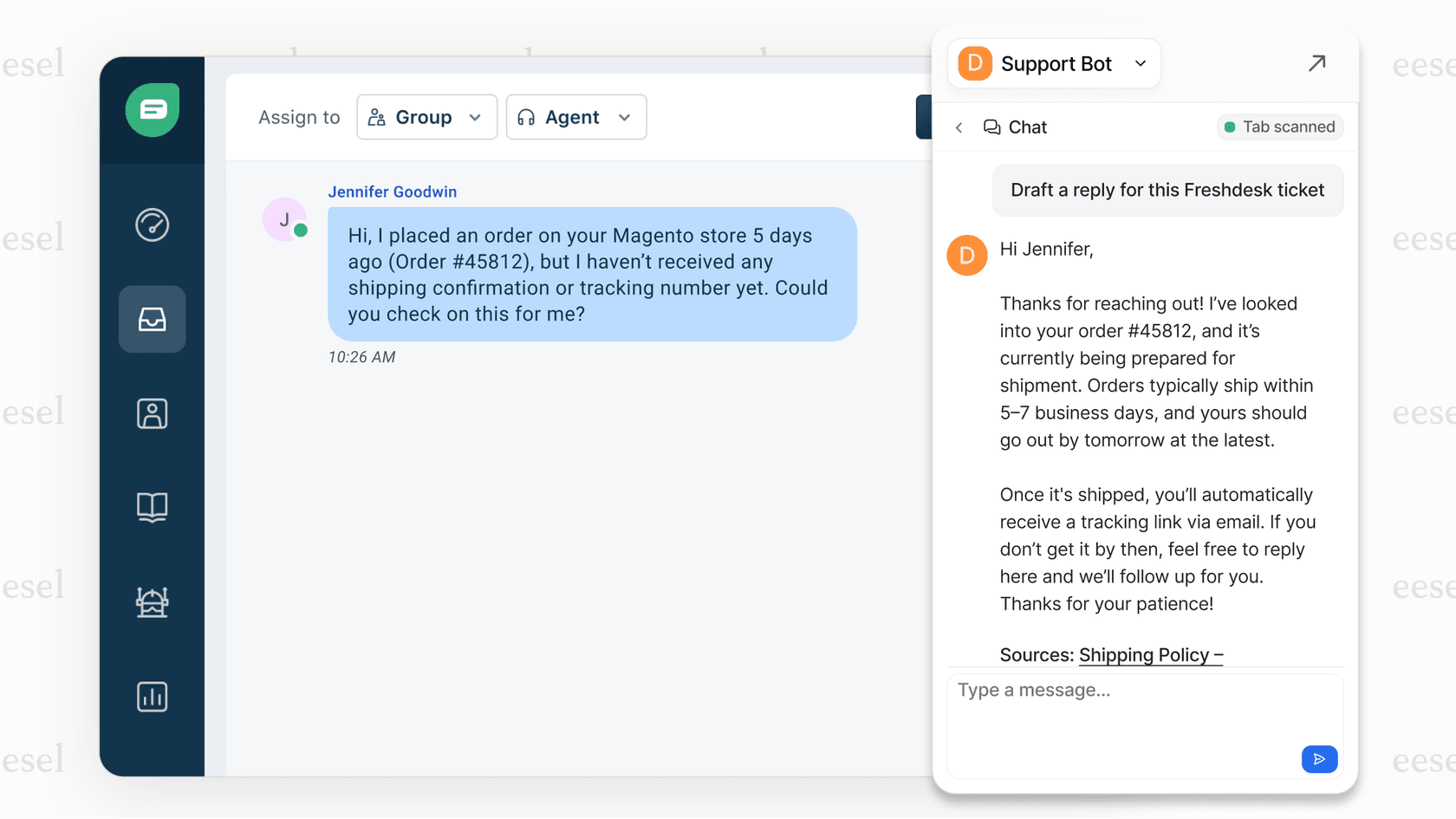 Screenshot of the eesel AI Copilot inside a helpdesk interface, providing a suggested answer for a support agent handling a ticket about a Magento store order, demonstrating a powerful Magento AI tool.