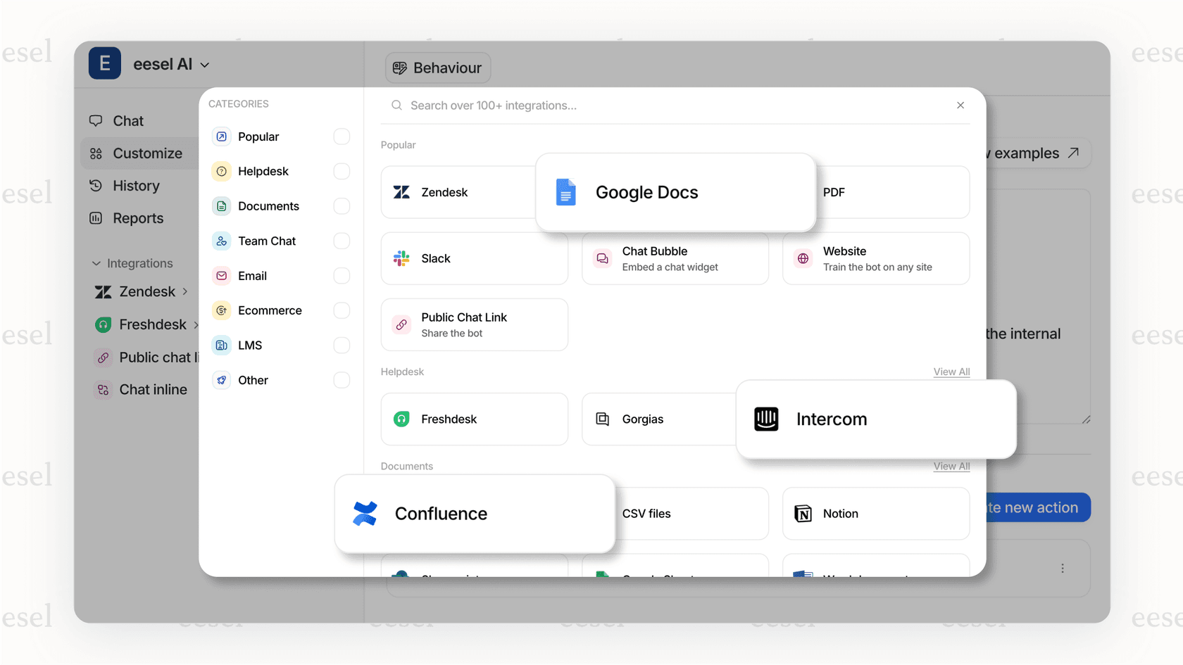 A screenshot of the eesel AI integrations page, demonstrating a key feature of a business-focused ChatGPT alternative.
