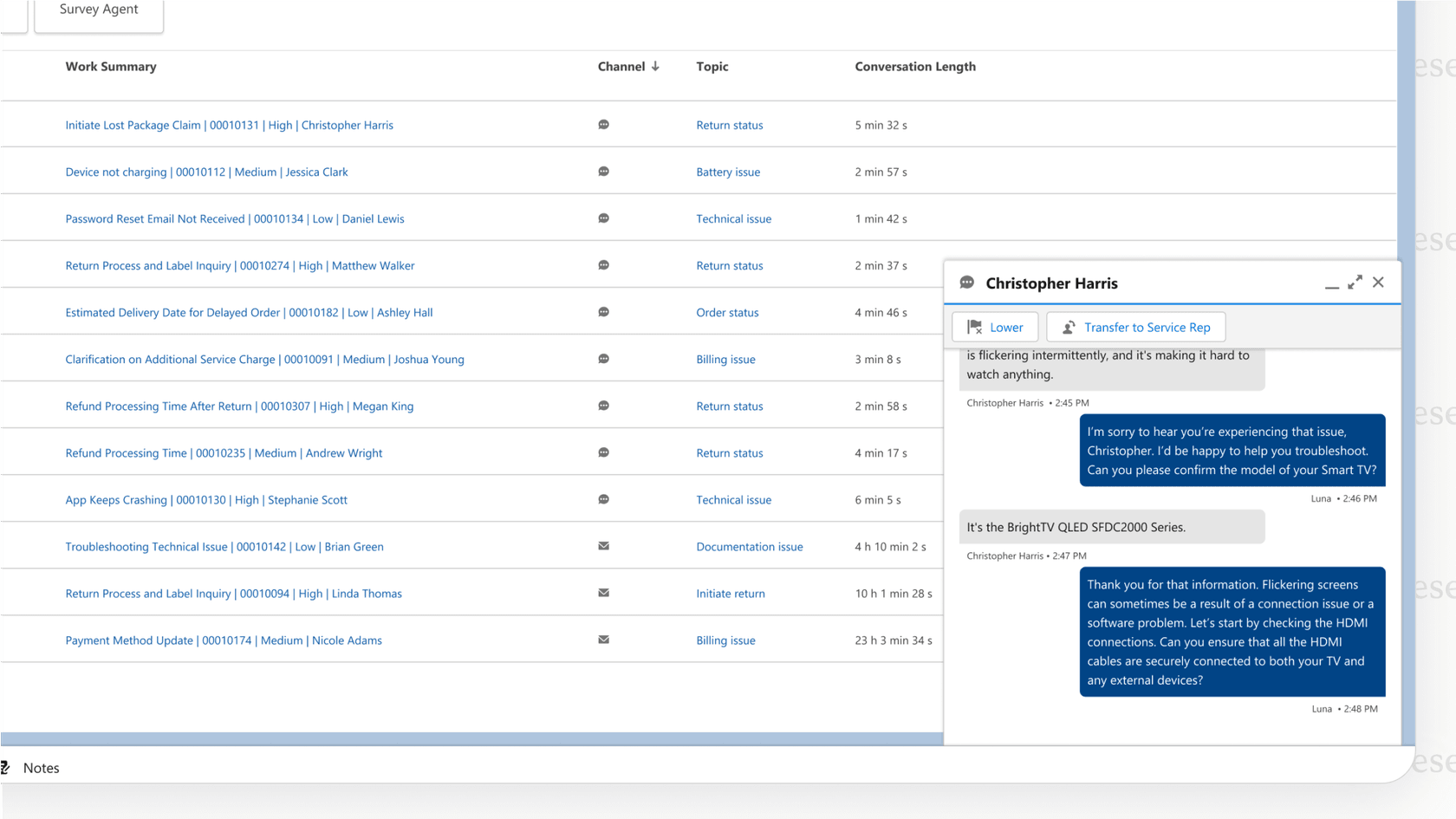 A look at the Agentforce Service Agent interface within Salesforce, showing how it handles a customer query.
