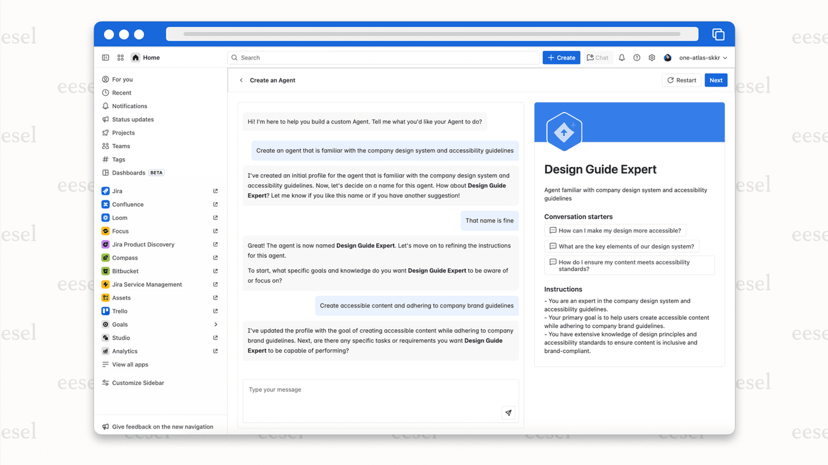 A screenshot of the Rovo Studio where a user is building custom Rovo agents by defining instructions and connecting actions for a specific workflow.