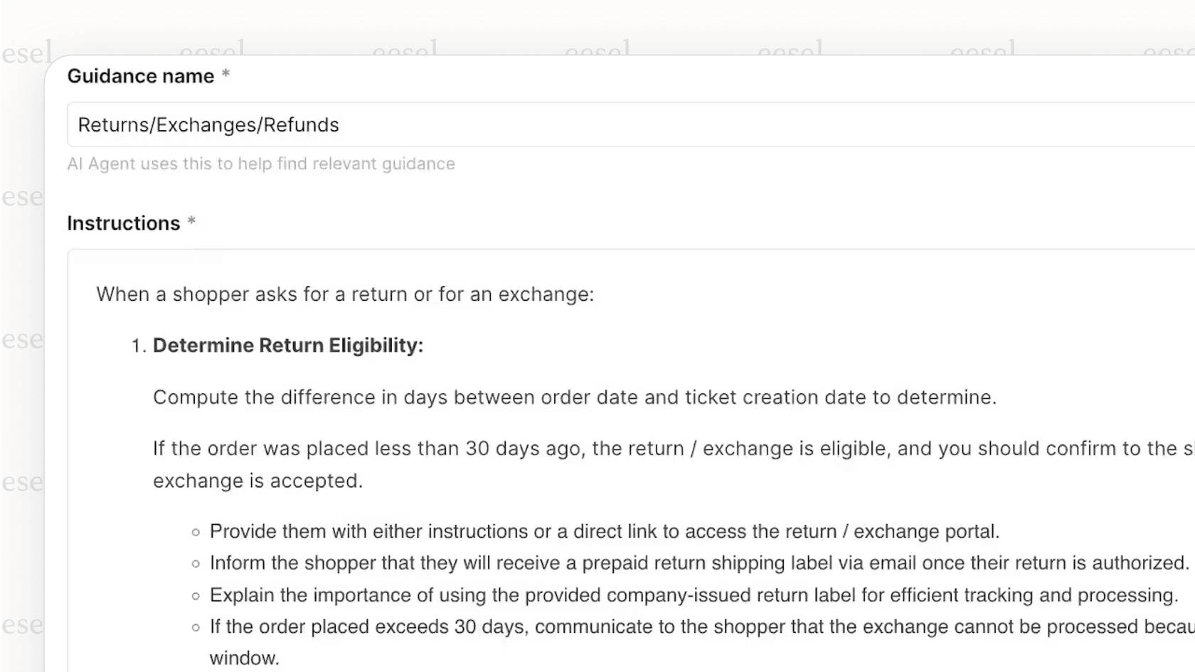 A screenshot from the Gorgias platform showing how to customize the Gorgias AI agent by writing custom instructions in the "Guidance" settings to define its behavior in specific situations.