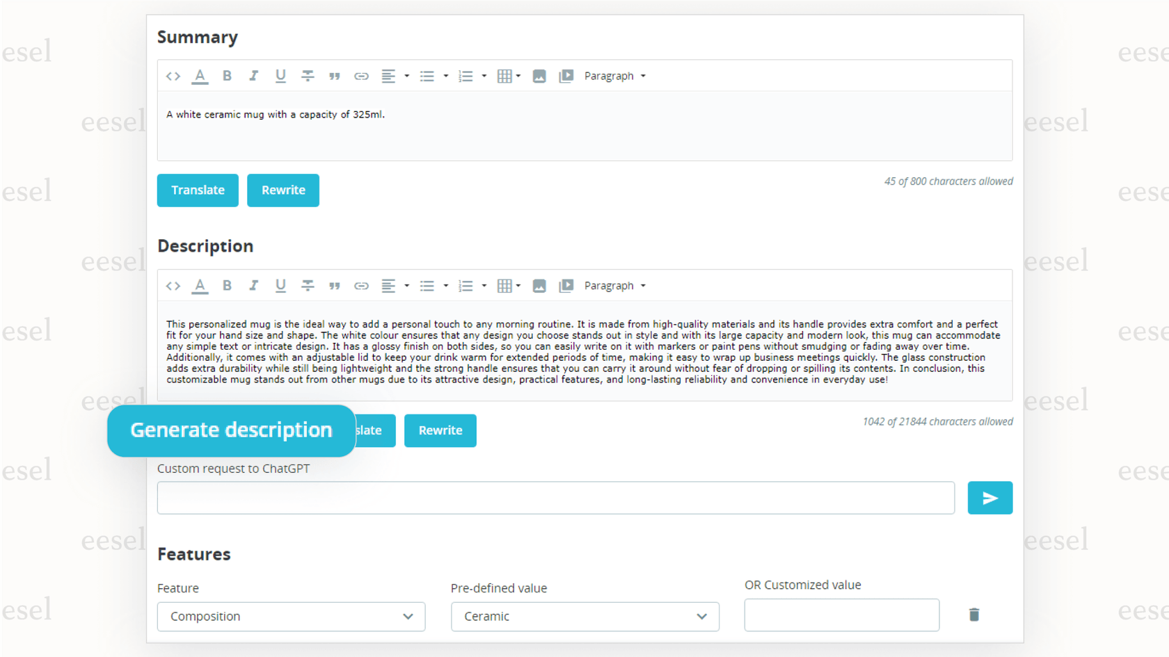 The admin interface of a prestashop ai content generation module being used to automatically create an SEO-friendly product description.
