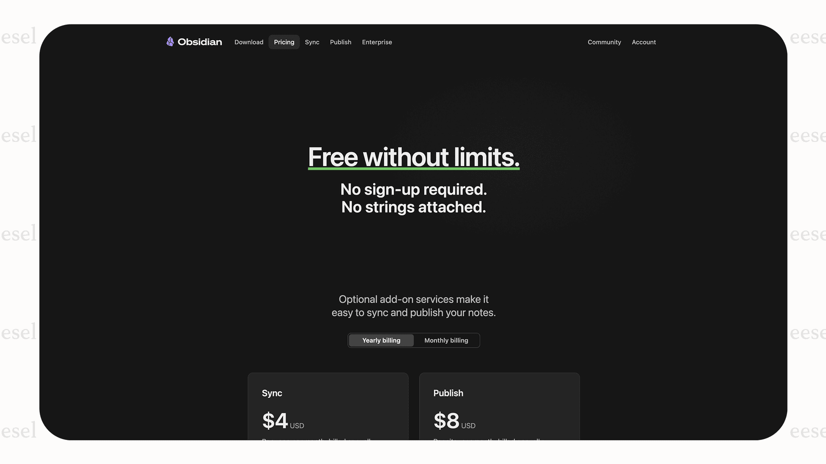 Obsidian's pricing page, showing its free-to-use nature and optional paid add-ons.