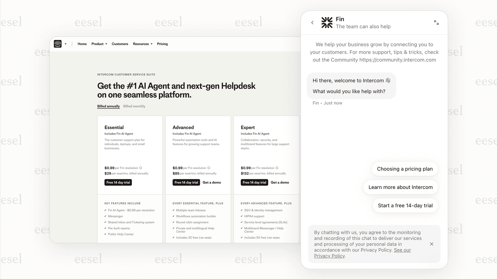 Proactive message from an AI chat bubble on a pricing page.