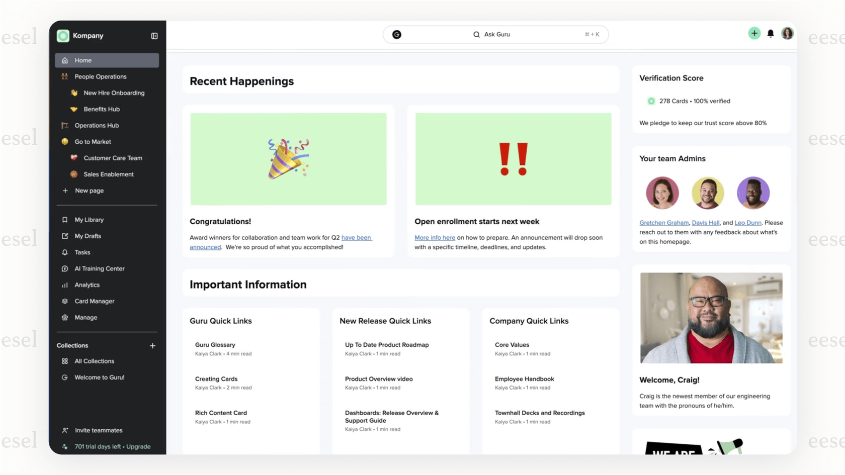 An example of a custom intranet homepage created with the Guri AI platform, featuring team announcements and key resources.