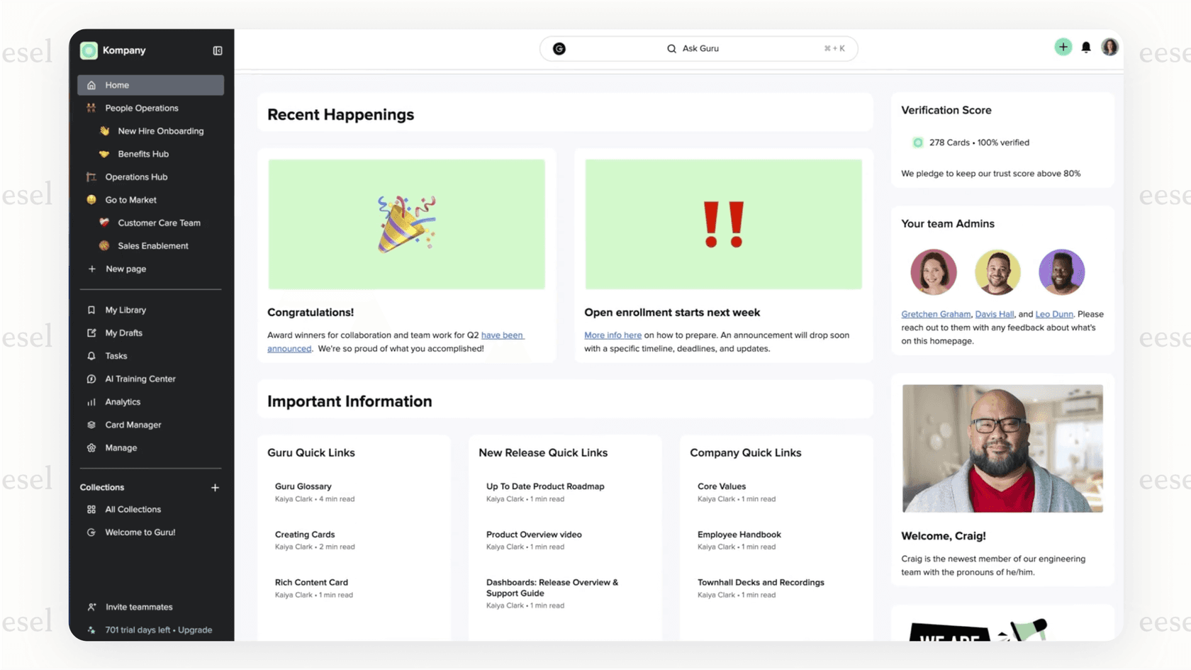 An example of a custom intranet homepage created with the Guri AI platform, featuring team announcements and key resources.