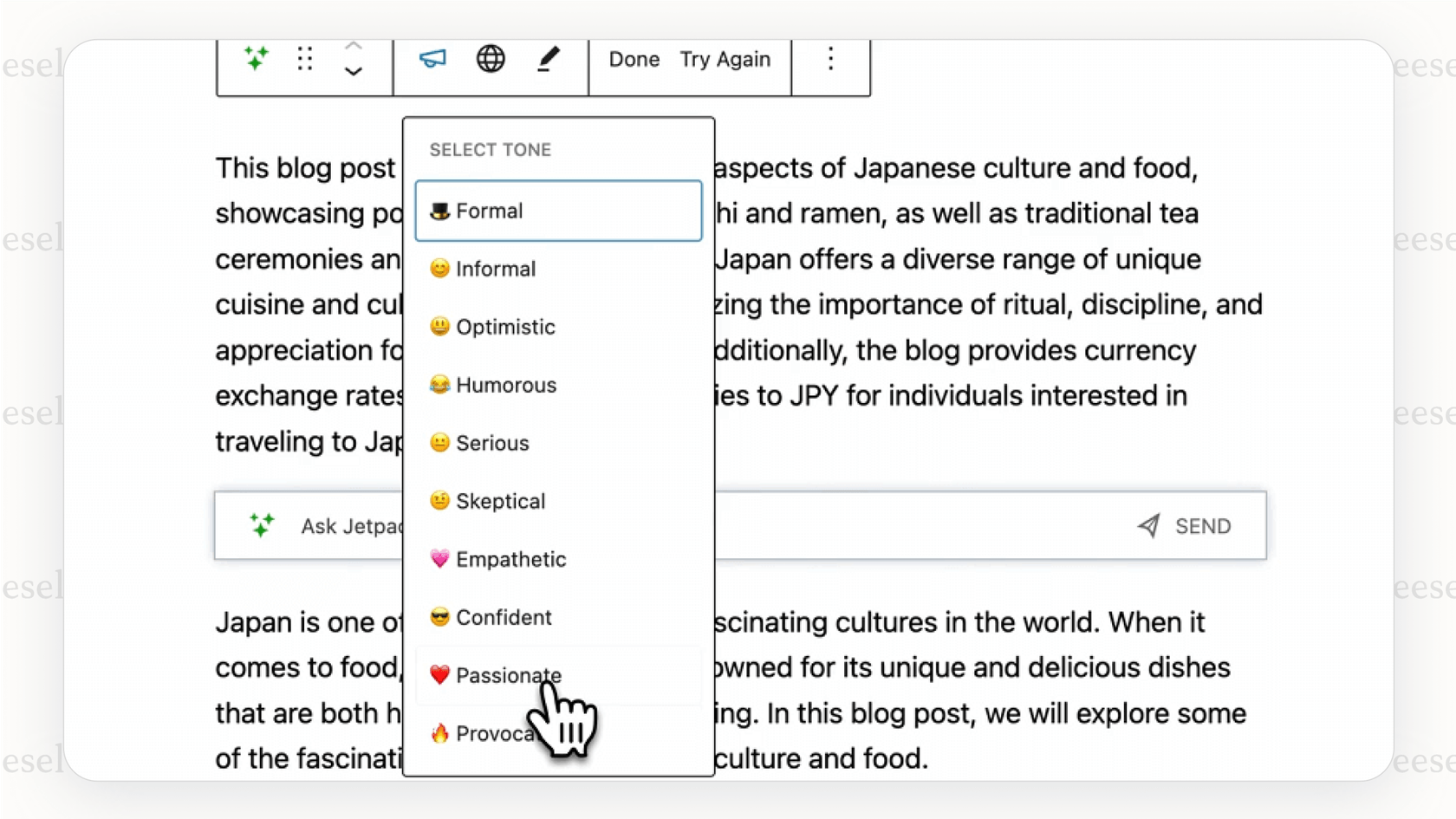 A view of the Jetpack WordPress AI tool inside the post editor, showing content editing options.