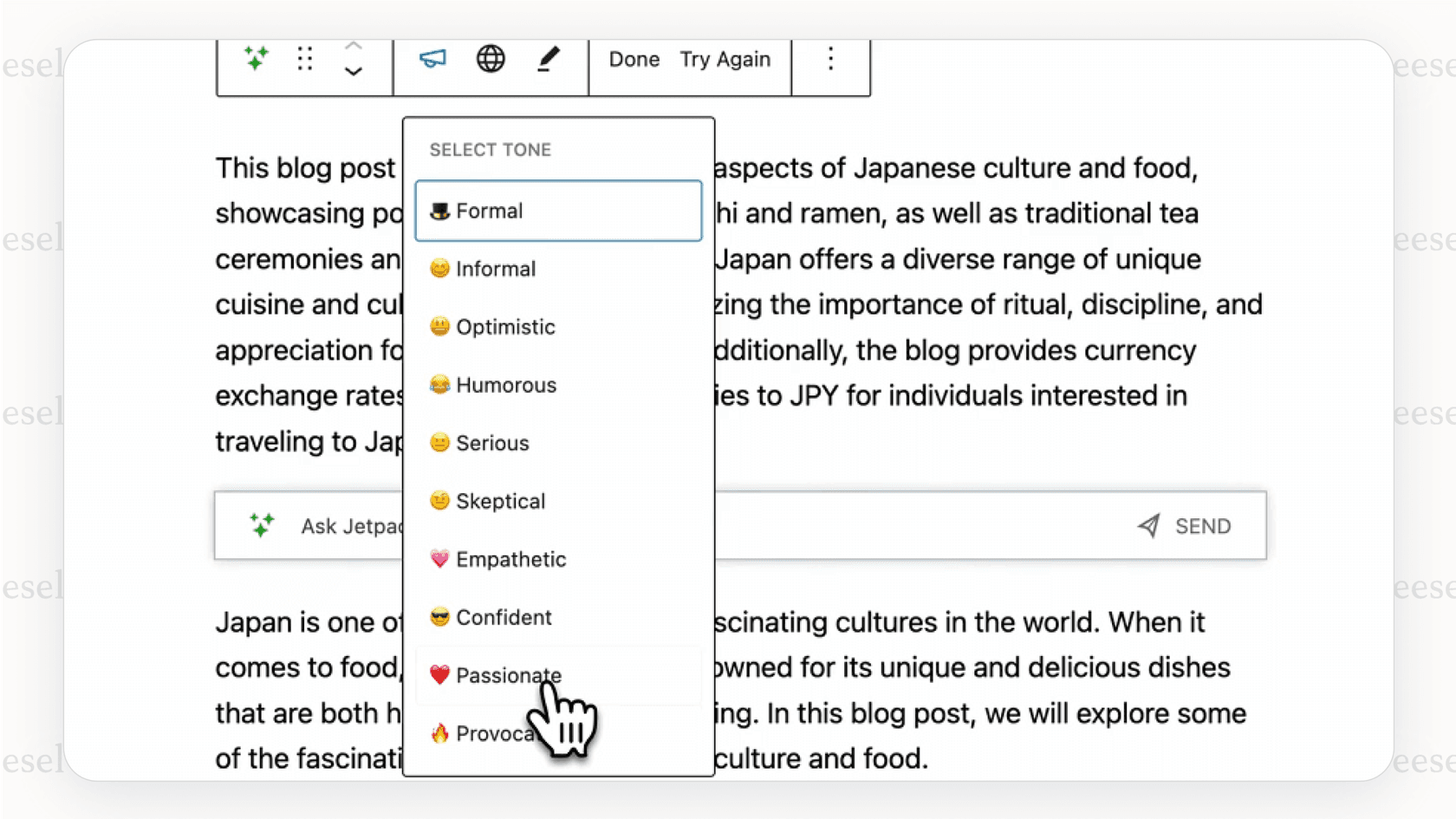 A view of the Jetpack WordPress AI tool inside the post editor, showing content editing options.