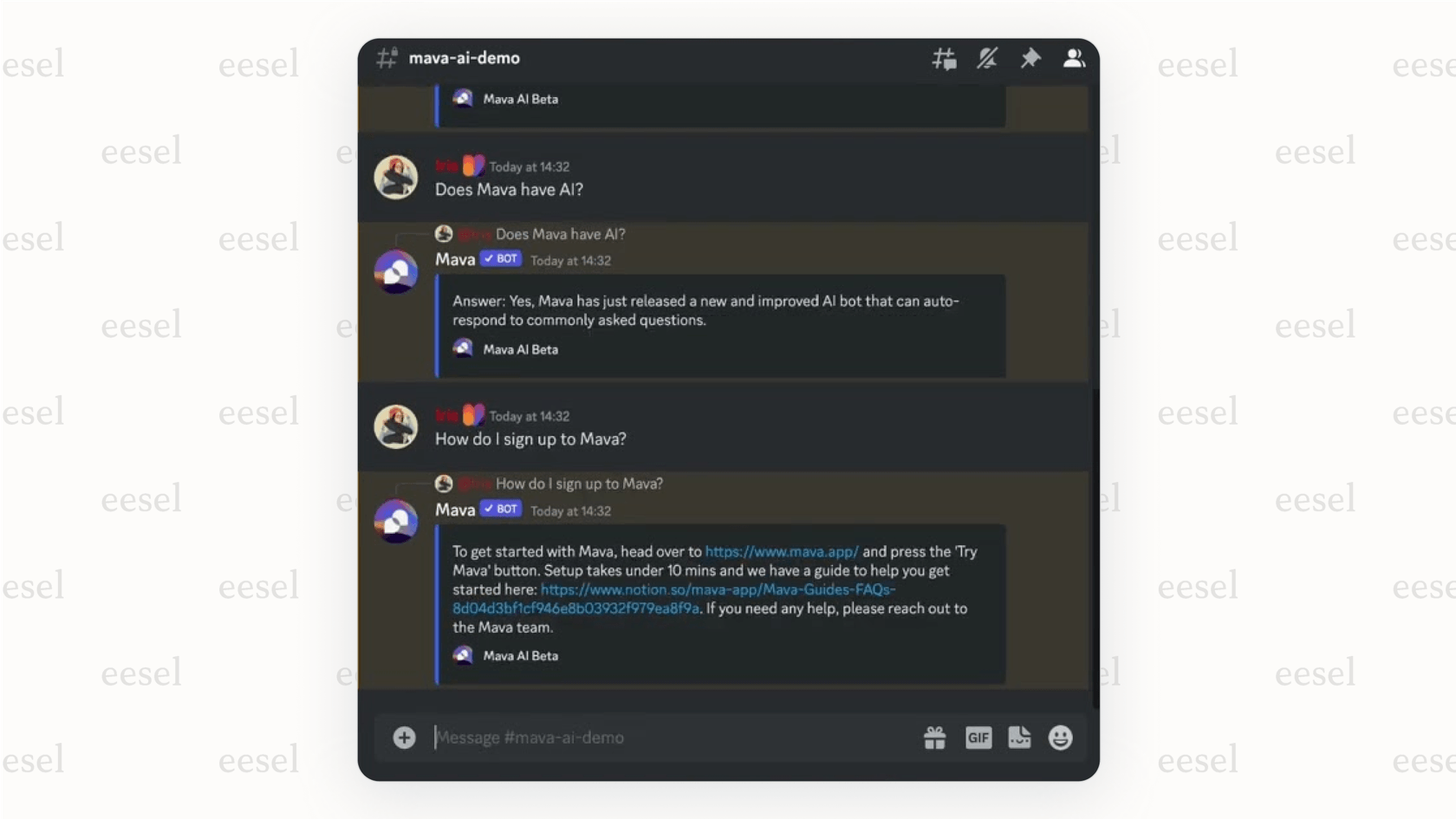 An example of the Mava Discord AI chatbot providing an automated support answer directly within a Discord server.